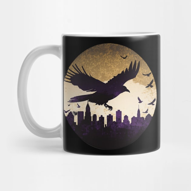 Raven over Baltimore Skyline T-Shirt: A Striking Cutout Tribute in Purple, Black, and Gold by 20th Century Tees